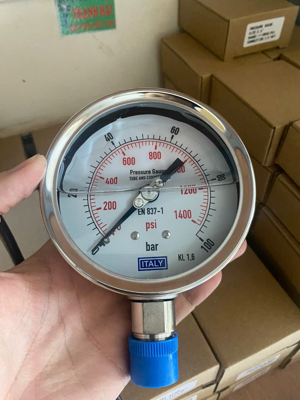 Đồng hồ áp suất ITALY, phi 100mm, Full Inox, áp 0-100 bar/psi