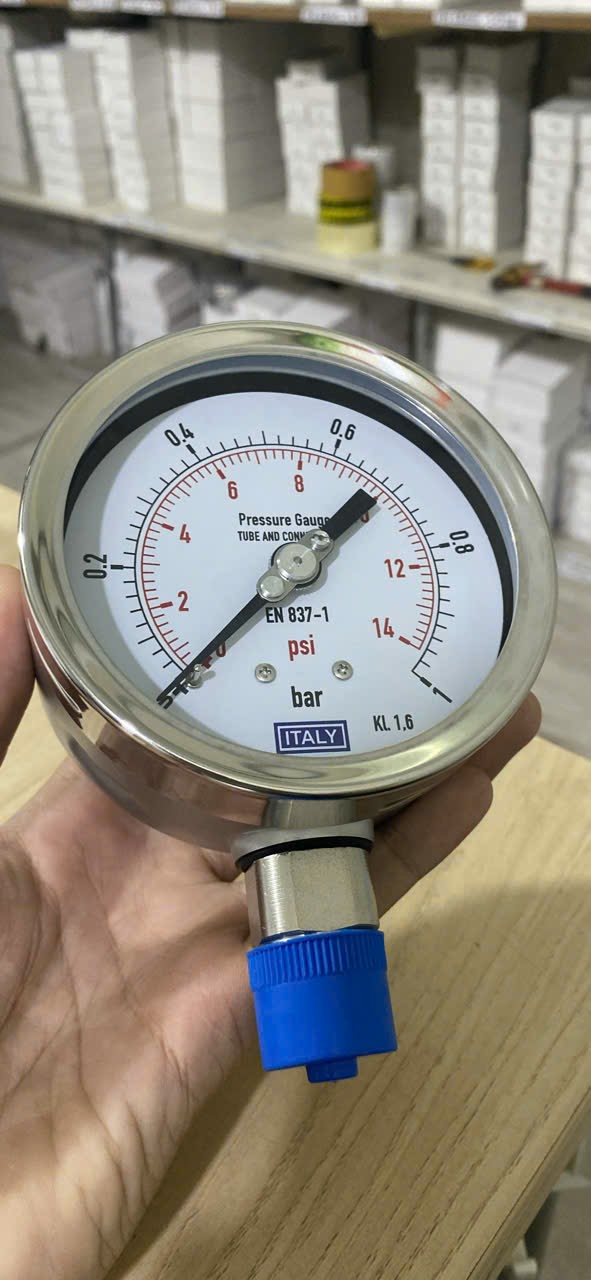 Đồng hồ áp suất ITALY, phi 100mm, Full Inox, áp 0-1 bar/psi