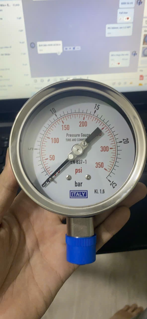 Đồng hồ áp suất ITALY, phi 100mm, Full Inox, áp 0-25 bar/psi