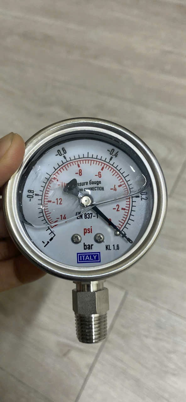Đồng hồ áp suất ITALY, phi 63mm, Full Inox, áp -1-0 bar/psi