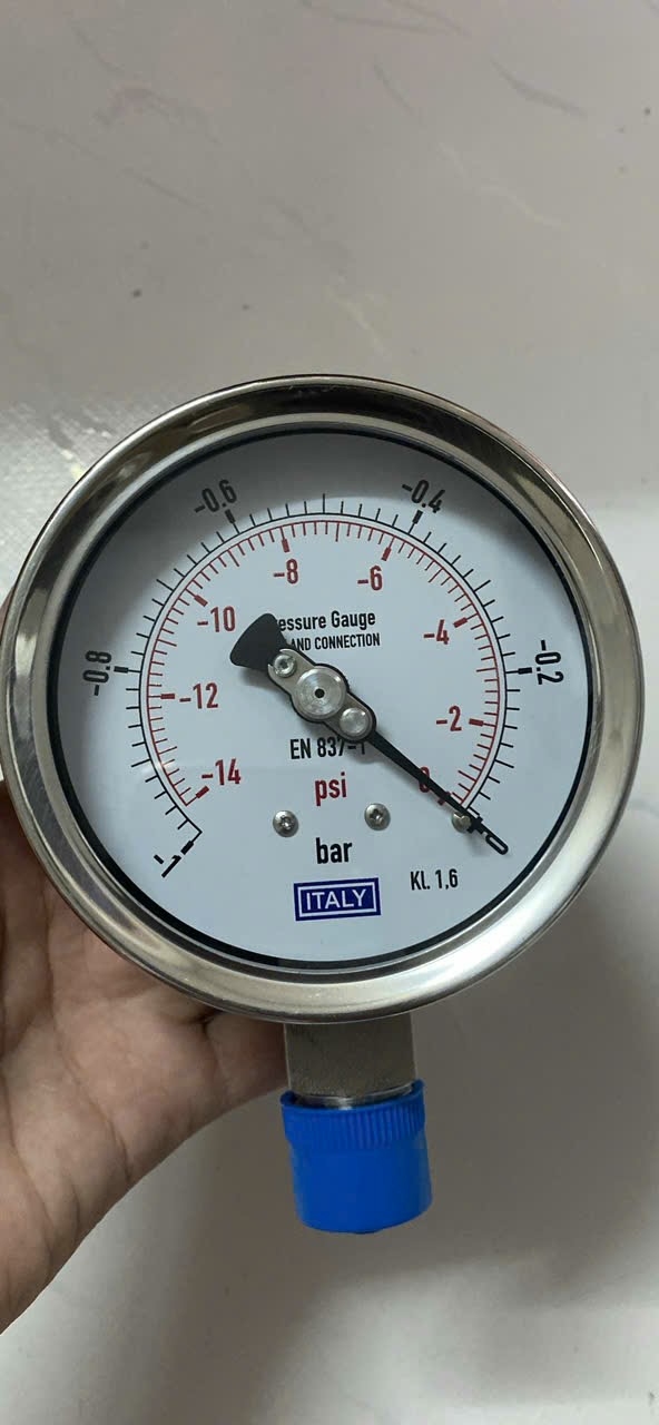 Đồng hồ áp suất ITALY, phi 100mm, Full Inox, áp -1-0 bar/psi