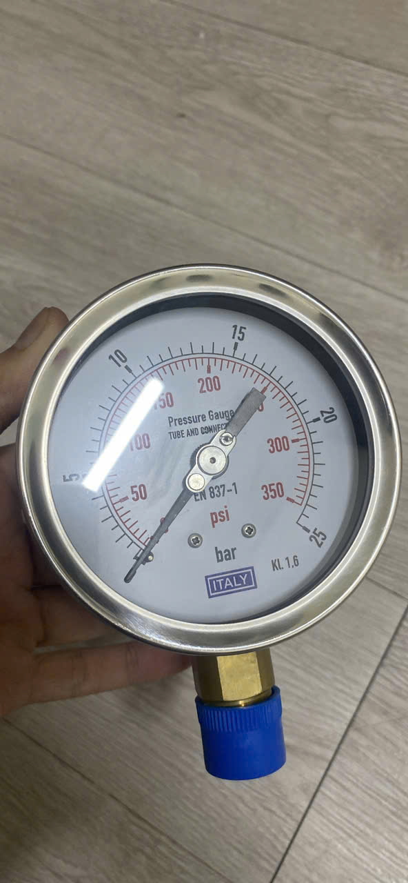 Đồng hồ áp suất ITALY, phi 100mm, Vỏ Inox – Chân đồng, áp 0 – 25 bar/psi
