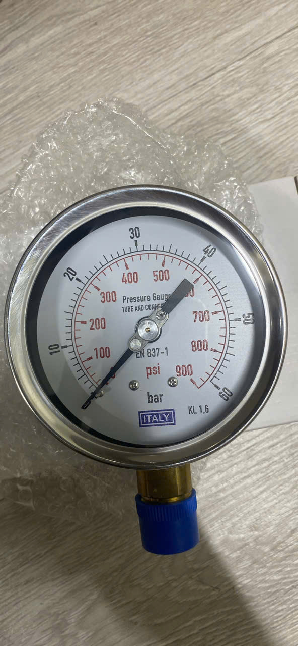 Đồng hồ áp suất ITALY, phi 100mm, Vỏ Inox – Chân đồng, áp 0 – 60 bar/psi