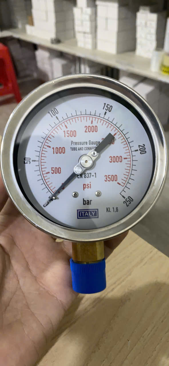 Đồng hồ áp suất ITALY, phi 100mm, Vỏ Inox – Chân đồng, áp 0 – 250 bar/psi