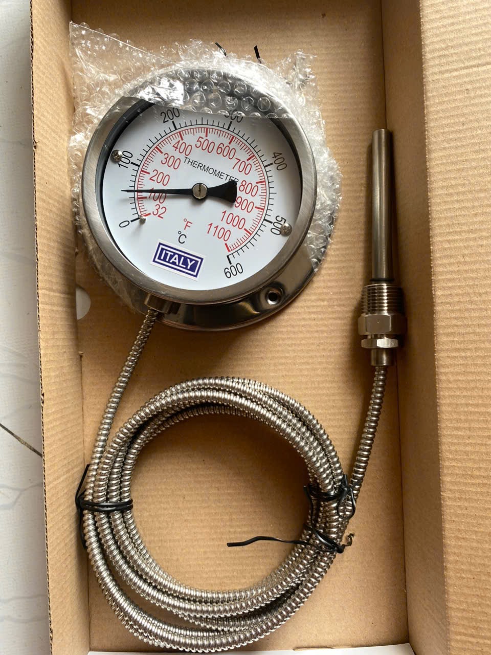 Đồng hồ nhiệt độ dây ITALY, phi 100mm, ty đo dài 100mm, Full Inox 304, dây dài 3m, 0 đến 600 độ C