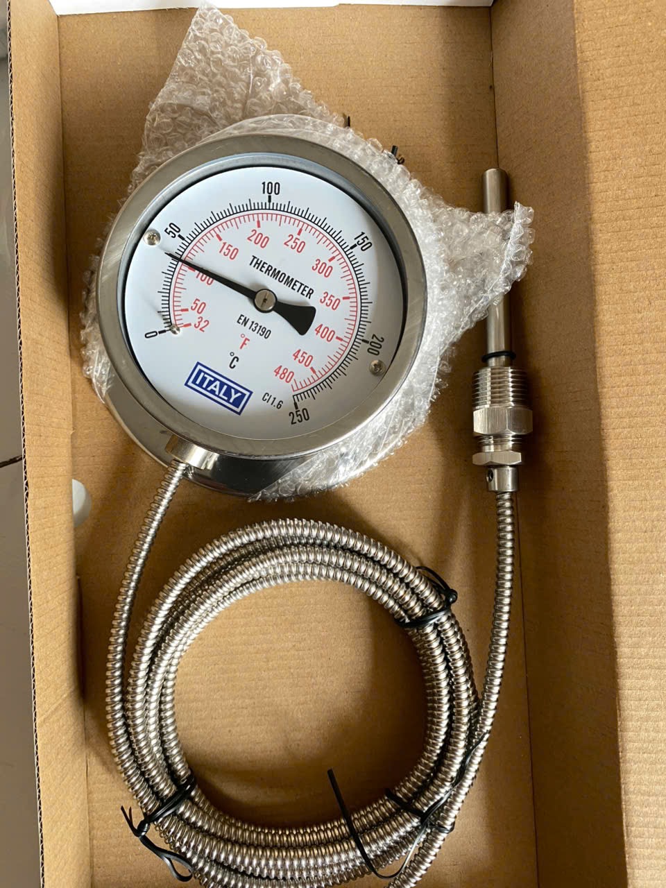 Đồng hồ nhiệt độ dây ITALY, phi 100mm, ty đo dài 100mm, Full Inox 304, dây dài 3m, 0 đến 250 độ C