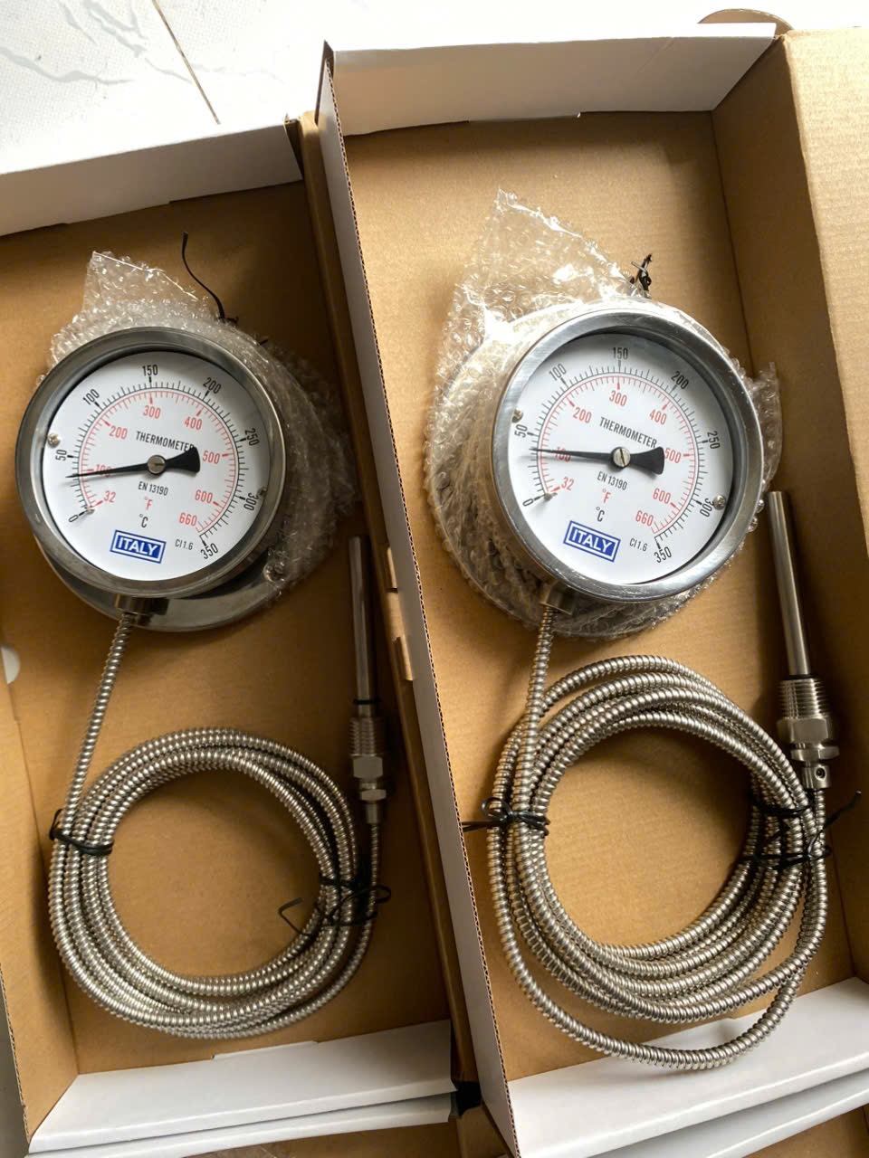 Đồng hồ nhiệt độ dây ITALY, phi 100mm, ty đo dài 100mm, Full Inox 304, dây dài 3m, 0 đến 350 độ C