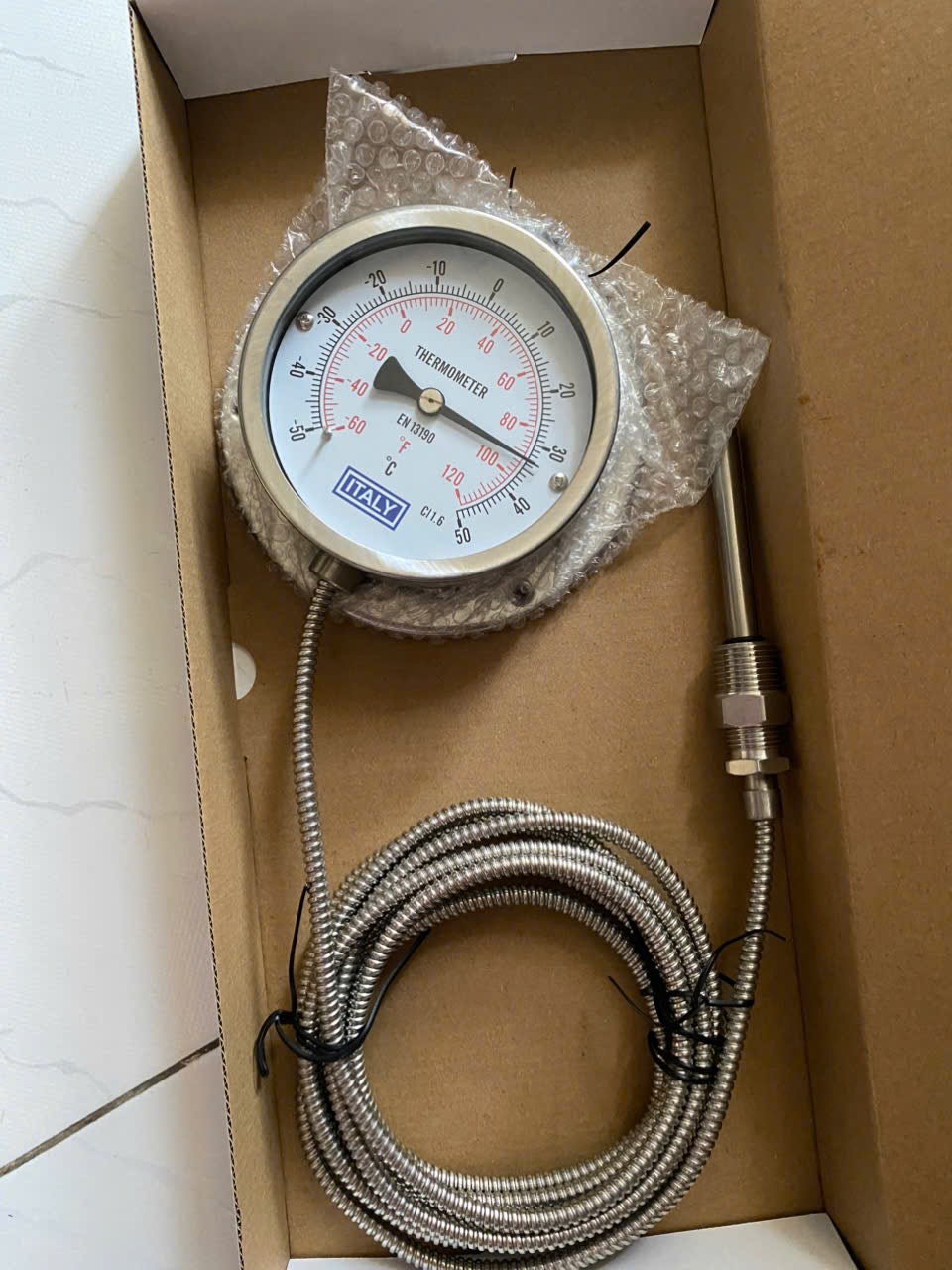 Đồng hồ nhiệt độ dây ITALY, phi 100mm, ty đo dài 100mm, Full Inox 304, dây dài 3m, -50 đến 50 độ C