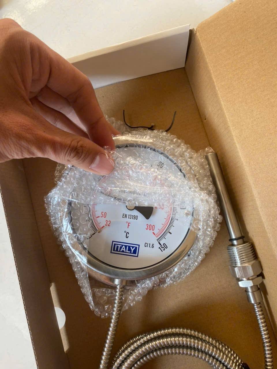 Đồng hồ nhiệt độ dây ITALY, phi 100mm, ty đo dài 100mm, Full Inox 304, dây dài 3m, 0 đến 150 độ C